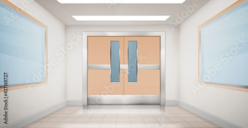 Doors in hallway of hospital, laboratory or school. Empty corridor interior with double metal doorway and wide rectangular windows on walls in hall with tiled floor, Realistic 3d vector illustration