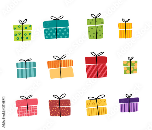 Gift boxes, presents vector icon set. Hand drawn doodle collection isolated on white. For Sale Birthday Christmas
