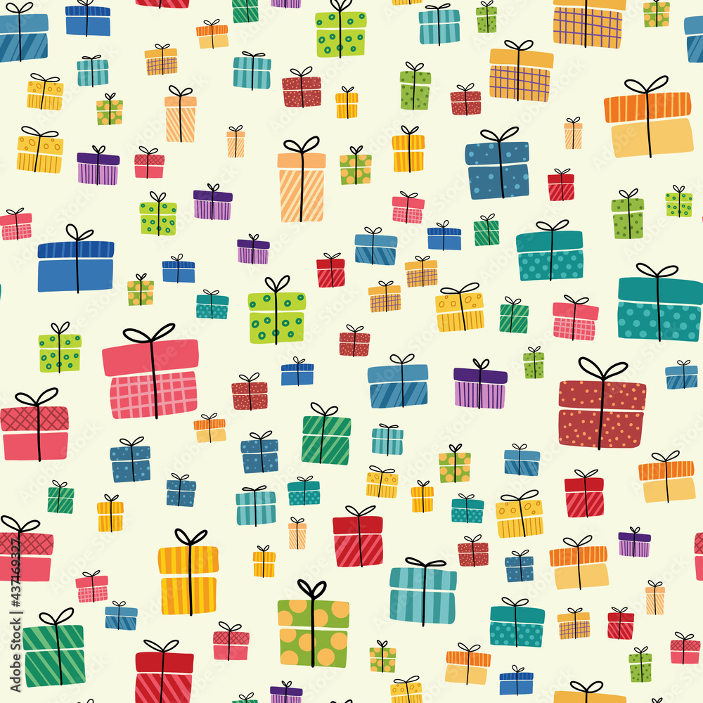 Gift boxes presents seamless pattern Hand drawn doodle collection Wrapped paper textile Sale shopping Birthday Christmas