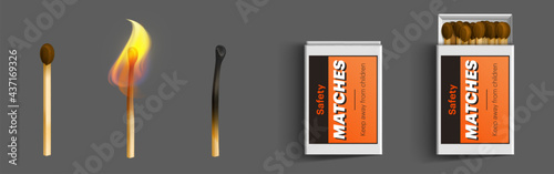 Safety matches in box, stages of burning from fire to charred burnt wooden stick, matchsticks with brown sulphur lying in closed and open case isolated on grey background, Realistic 3d vector set