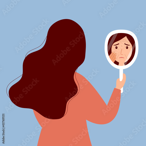 Young woman hand mirror worrying about her wrinkle on face in flat design. Wrinkle aging problem on female skin.