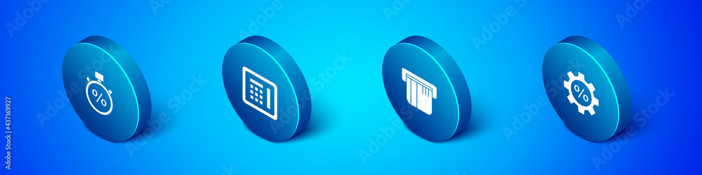 Set Isometric Stopwatch and percent, Credit card, Gear with and Safe icon. Vector Set Isometric Stopwatch and percent, Credit card, Gear with and Safe icon. Vector