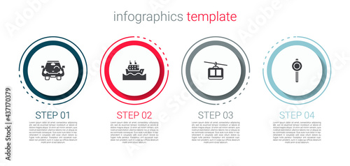 Set Car, Cruise ship, Cable car and Road traffic signpost. Business infographic template. Vector