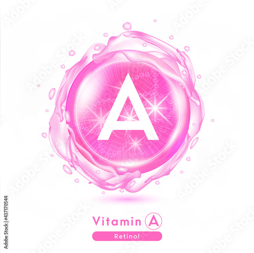 Vitamin A, Pink shining pill capsule. Vitamin complex with Chemical formula.  Meds for health ads. Beauty treatment nutrition skin care design. Vector illustration.