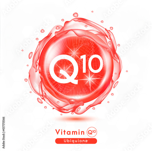 Coenzyme Q10 red shining pill capsule icon. Vitamin complex with Chemical formula, coenzyme Q, ubiquinone. Meds for health, beauty ads. Vector illustration photo