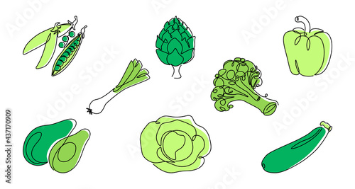 Green line vegetable. Continuous monoline healthy food, pepper artichoke peas cabbage avocado. Vector isolated line greens