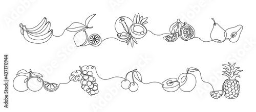 One line fruits. Continuous line exotic pineapple banana citrus pear and grape, trendy monoline healthy food. Vector fruit isolated set