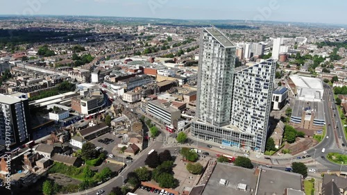 Aerial view of the two tall towers and Ilford town centre on a sunny day photo