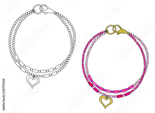 Handmade jewelry amulet bracelet with a heart-shaped pendant. Vector illustration isolated on a white background.