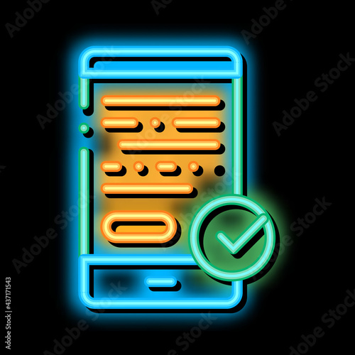 Smartphone Display And Approved Mark neon light sign vector. Glowing bright icon transparent symbol illustration