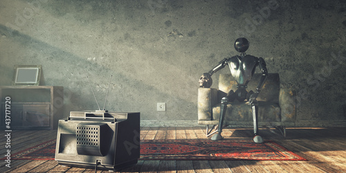 Robot and his dead master are watching tv in post apocalyptic world