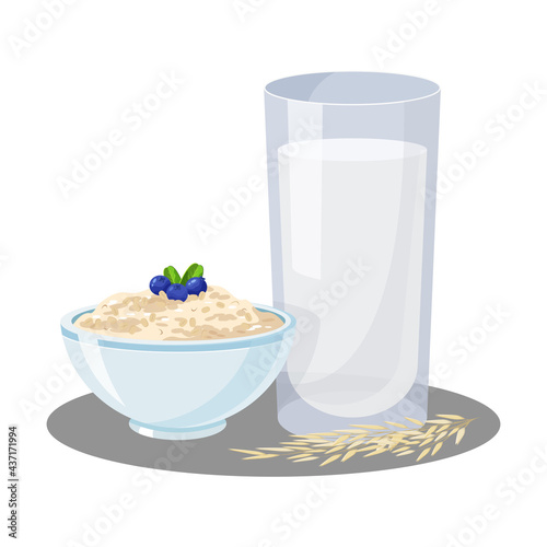 vegan oat milk vector illustration. A glass of oat milk. Vegan milk stock vector illustration on white isolated background. Vegan food and drink. A bowl of oat and organic milk stock illustration