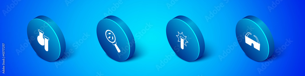 Set Isometric Test tube and flask, Chemical explosion, Safety goggle glasses and Microorganisms under magnifier icon. Vector Set Isometric Test tube and flask, Chemical explosion, Safety goggle glasses and Microorganisms under magnifier icon. Vector