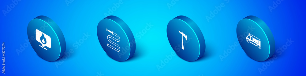 Set Isometric Location with fire flame, Firefighter axe, truck and hose reel icon. Vector