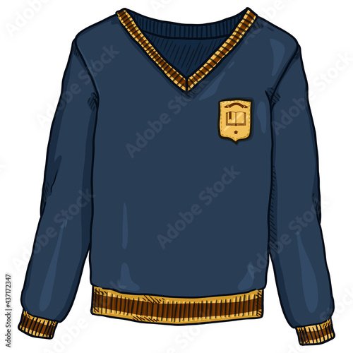 Blue Pullover with School Badge. Vector Cartoon Illustration.
