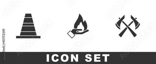 Set Traffic cone, Hand holding fire and Firefighter axe icon. Vector