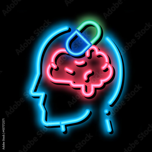 Pills Drugs Man Silhouette Headache neon light sign vector. Glowing bright icon transparent symbol illustration photo