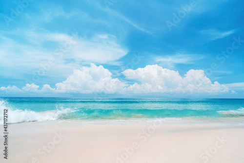 Beautiful tropical beach with blue sky and white clouds abstract texture background. Copy space of summer vacation and holiday business travel concept.