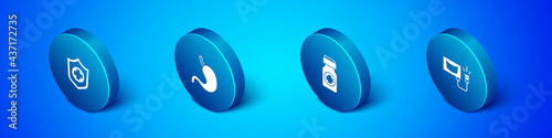 Set Isometric Life insurance in hand, Medicine bottle pills, Ultrasound and Human stomach icon. Vector