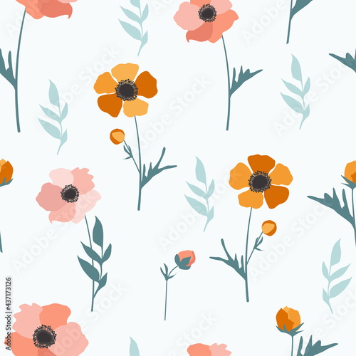 Fototapet Cute vintage seamless pattern with small bright bouquets of anemone flowers, leaves and buds