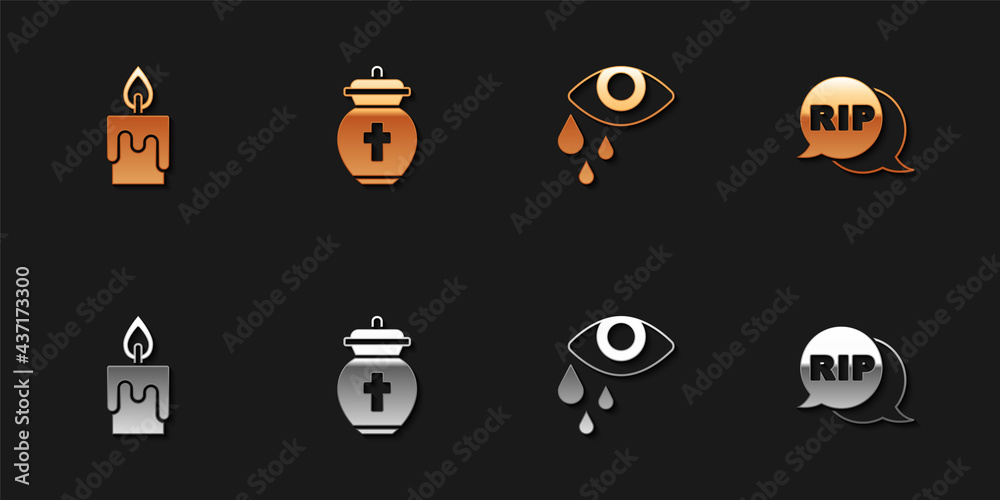 Set Burning candle, Funeral, Tear cry eye and Speech bubble rip death icon. Vector Set Burning candle, Funeral, Tear cry eye and Speech bubble rip death icon. Vector