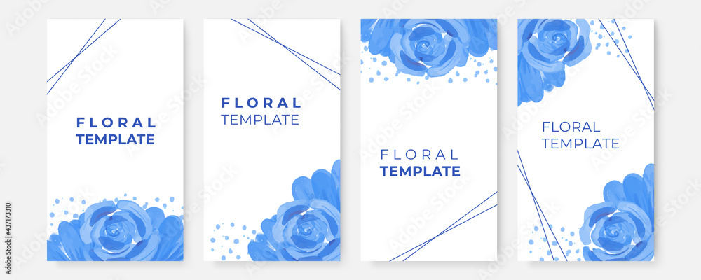 Blue flower and floral abstract background with post and stories social media template. Set of blue rose floral watercolor template on white background. Luxury blue leaves floral watercolor background Blue flower and floral abstract background with post and stories social media template. Set of blue rose floral watercolor template on white background. Luxury blue leaves floral watercolor background