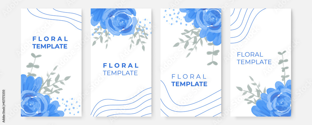 Blue flower and floral abstract background with post and stories social media template. Set of blue rose floral watercolor template on white background. Luxury blue leaves floral watercolor background