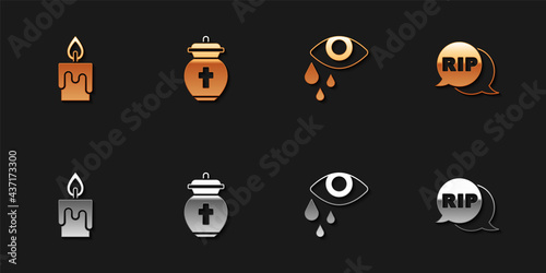 Set Burning candle, Funeral, Tear cry eye and Speech bubble rip death icon. Vector