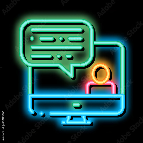 Computer Screen And Avatar Internet Discuss neon light sign vector. Glowing bright icon transparent symbol illustration photo