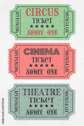 Retro style Ticket set icon, vector illustration in the flat style. Ticket stub isolated on a background. Vintage cinema or movie, theatre, circus tickets