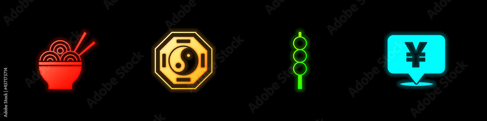 Fototapeta premium Set Asian noodles in bowl, Yin Yang, Meatballs on wooden stick and Chinese Yuan currency icon. Vector