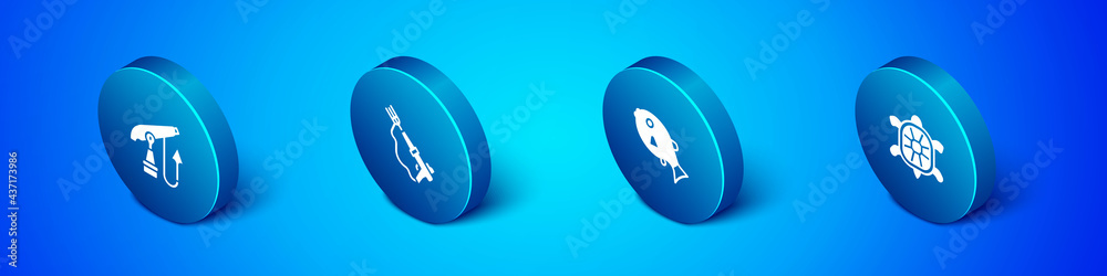 Set Isometric Fishing harpoon, Tropical fish, Turtle and icon. Vector Set Isometric Fishing harpoon, Tropical fish, Turtle and icon. Vector