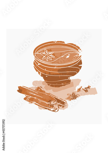 Editable Isolated Brush Strokes Style Indian Masala Chai in Pottery Cup With Assorted Herb Spices Vector Illustration for Artwork Element of Beverages With South Asian Culture and Tradition Design