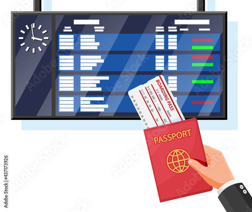 Airport Board, Hand with Passport, Boarding Pass.