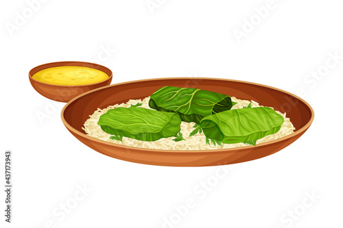 Rice with Meat Stuffing Wrapped in Green Leaves as Indian Dish and Main Course Served on Plate and Garnished with Herbs Closeup Vector Illustration