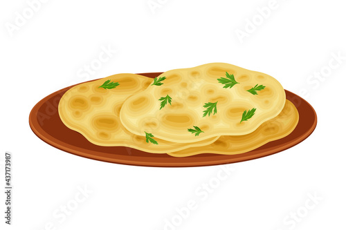 Chapati or Flatbread as Indian Dish Served on Plate and Garnished with Herbs Closeup Vector Illustration