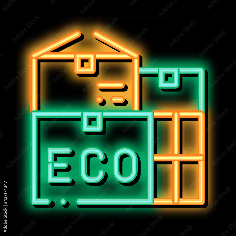 Eco Recycle Material Container Packaging neon light sign vector. Glowing bright icon transparent symbol illustration Eco Recycle Material Container Packaging neon light sign vector. Glowing bright icon transparent symbol illustration