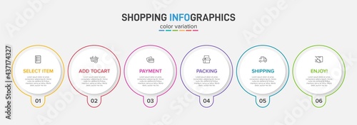 Concept of shopping process with 6 successive steps. Six colorful graphic elements. Timeline design for brochure, presentation, web site. Infographic design layout.