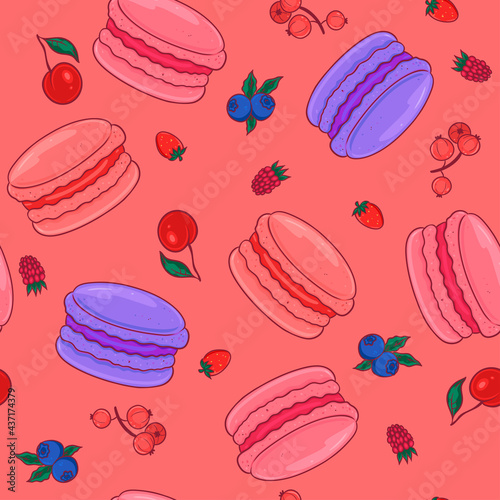 Seamless pattern with berry macaroons. Vector graphics.