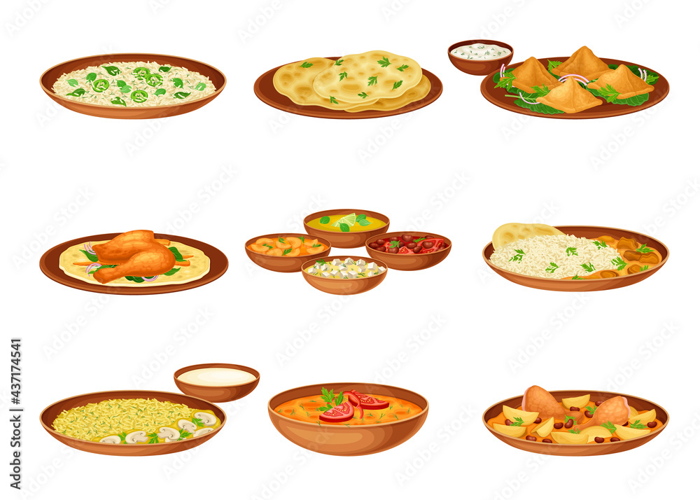 Dishes and Main Courses of Indian Cuisine with Rice and Spices Served on Plates and Garnished with Herbs Vector Set Dishes and Main Courses of Indian Cuisine with Rice and Spices Served on Plates and Garnished with Herbs Vector Set