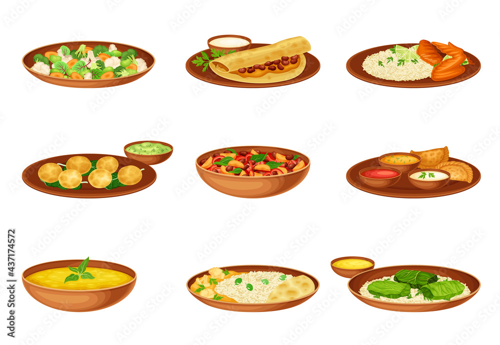 Dishes and Main Courses of Indian Cuisine with Rice, Mixed Vegetables and Spices Served on Plates and Garnished with Herbs Vector Set