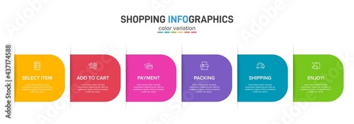 Concept of shopping process with 6 successive steps. Six colorful graphic elements. Timeline design for brochure, presentation, web site. Infographic design layout.