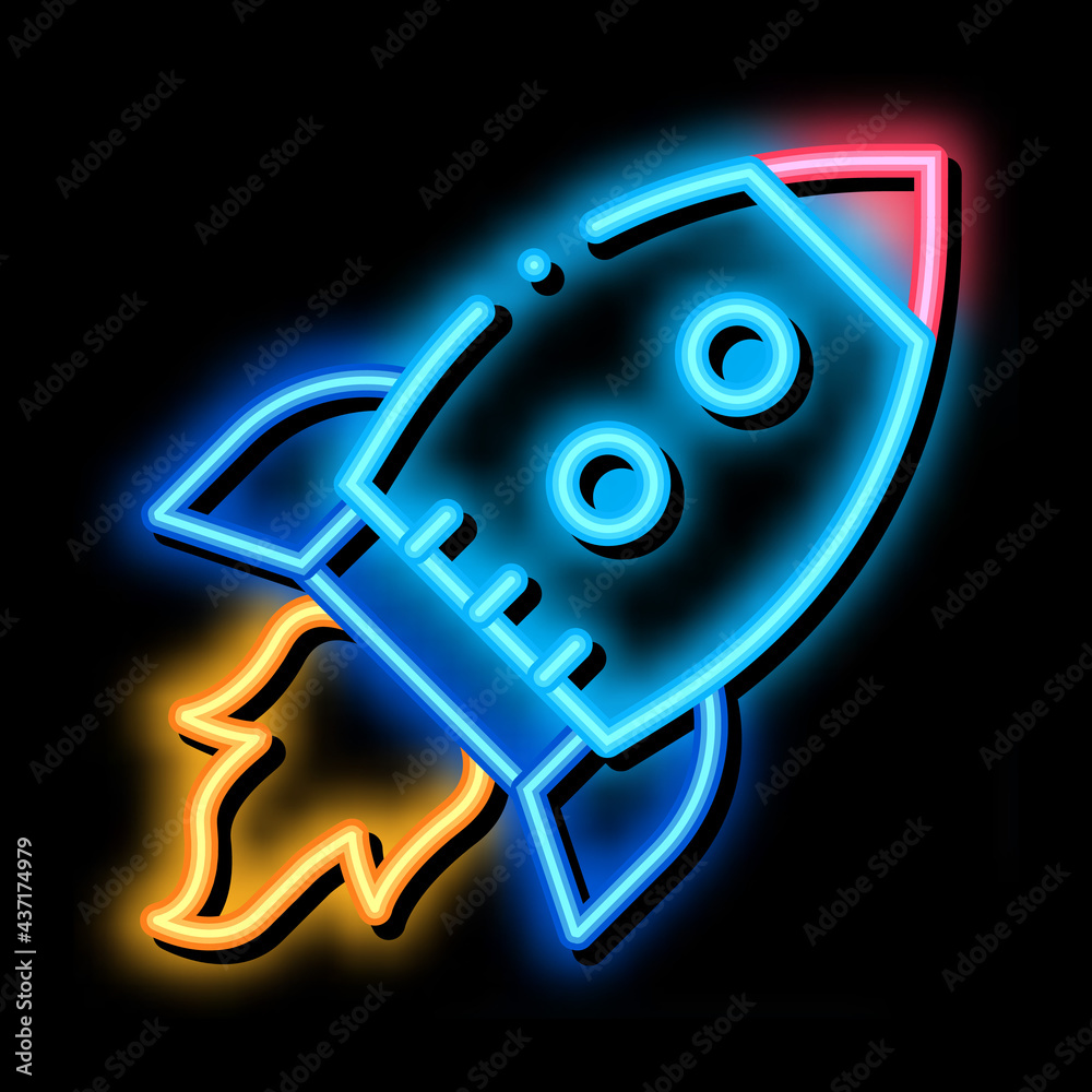 Flying Rocket Spaceship Agile Element neon light sign vector