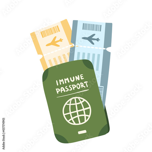 Covid-19 health immune passport with airline boarding pass template, plane ticket. Vaccination disease immunity, health surveillance, protected traveling concept. Vector cartoon isolated illustration