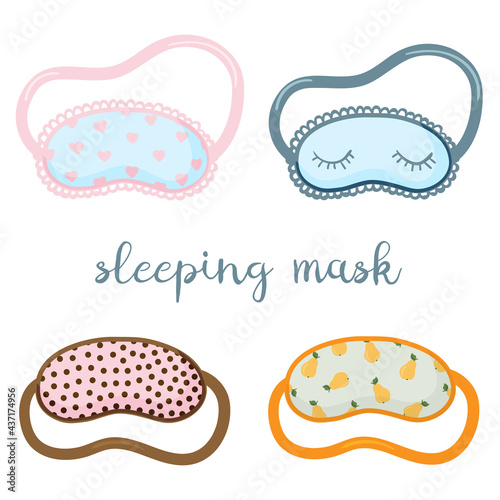Sleeping mask set. Sleeping night eye accessory blindfold relax in traveling illustration. Collection of nighty sleepy face protection asleep flat cartoon isolated on white for poster, sticker, cards