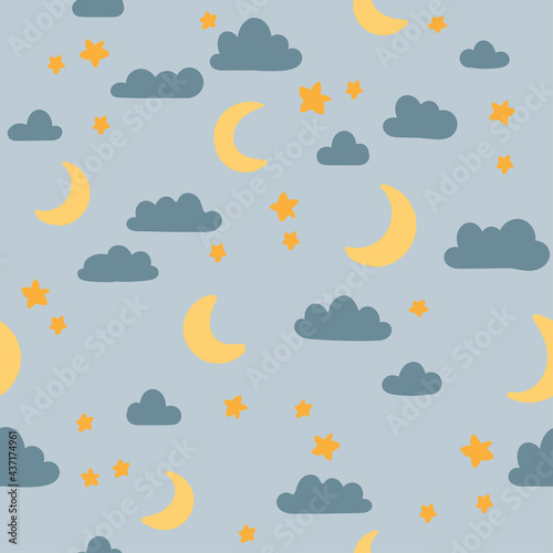 Night sky seamless pattern. Stars, moon, clouds vector background. Cute childish illustration for fabric, scrapbooking, wrapping paper, nursery poster.