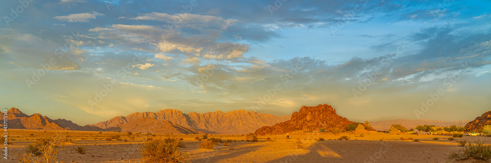 Panorama at Namib Desert, landscape with rock mountain during sunset at Sossusvlei