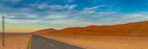 Panorama from the road to Sossusvlei in the Namib Desert, landscape with large sand dune