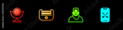 Set Round makeup mirror, Electrical hair clipper, Client in barbershop and Barber online service platform icon. Vector