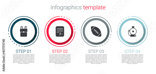 Set School backpack, Exam paper with incorrect answers, American football ball and Ringing alarm bell. Business infographic template. Vector